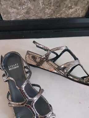 Stuart Weitzman Strap Wedge Reptile Silver Leather Sandal
